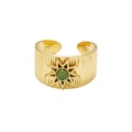 Gold wide open ring featuring a green sunburst stone and brushed metal texture - Sunburst Green Stone