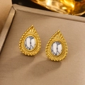 Vintage golden teardrop earrings with white marble stone in premium jewelry box - E-372 / Gold White Turquoise