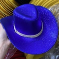 Cappello da cowboy blu reale scintillante con fascia intrecciata argento in primo piano - Denim Glitterato Blu Reale