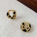 French vintage gold earrings with black enamel glaze and subtle diamond accents - Coffee