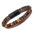 Men's double-layer bracelet with red tiger eye beads and braided brown leather strap - Brown Leather Black Clasp