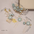 Elegant gold alloy hair comb set with grey-blue fabric flowers and white pearls - Hair Accessory Set / Green