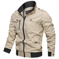 Chaqueta informal de algodón caqui para hombre con cuello alto y bolsillos con cremallera - M / Caqui