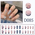 Unghie finte blu con fiocchi 3D, perle e cuori in forma di ballerina lunga - D085 (Tipo Colla)