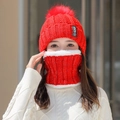 Women's winter red knit hat and neck warmer set with white fleece lining and pom-pom - Hat & Scarf Set / Red