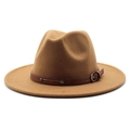 Classic camel wool fedora hat featuring a brown leather band with silver rivets decor - One Size 58cm Circumference / Light Coffee