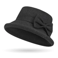 Cappello a secchiello vintage in lana nera con fiocco laterale per donna in autunno - Piccoli Quadri Neri