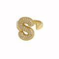 Macro detail of 18k gold plated letter S ring featuring pavé set sparkling zircon stones - Letter S / Gold