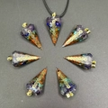 Seven chakra healing crystal hexagonal pyramid pendants with gold symbols and woven cords - Multicolor Hexagonal Pyramid Pendant with Leather Cord
