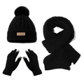Detail of black winter knit set showing ribbed texture, faux fur pom and touch screen gloves - Black