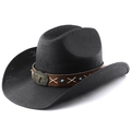 Black straw cowboy hat with a brown leather-style band featuring a metal longhorn skull - All Black