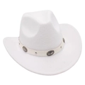 Detail of white felt cowboy hat featuring vintage metal conchos on a faux leather band - White