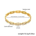 Macro detail of gold stainless steel link bracelet with Czech diamonds and dimension specs - Chain Link Zirconia Style (Z051)