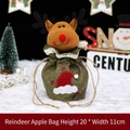 Christmas reindeer drawstring gift bag in dark green burlap with lace trim and red nose - Embroidered Linen Reindeer