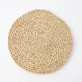 Top view of natural handmade woven round placemat with spiral hemp rope texture - Diameter 18cm / Double Strand Corn Husk