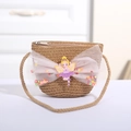 Handgefertigte Kinder-Strohtasche mit rosa Netzschleife und kleiner Feen-Puppe - Braun mit Kleiner Fee