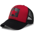 Red and black mesh trucker hat featuring a pentagram star print and hip hop lettering - Adjustable / Red