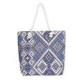 Ethnic style woven canvas tote bag with colorful geometric patterns and rope handles - Blue Geometric Totem