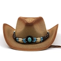 Chapeau de cowboy en paille tressée avec perles turquoise et jugulaire pour le soleil - M (56-58cm) / Brun Foncé Style Ethnique Tissé (03)