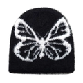 Close-up of black fuzzy knit beanie featuring white butterfly jacquard pattern - M(54-60cm) / Black