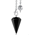 Detail of a black obsidian hexagonal cone pendulum with a silver chain and textured bead - Black Agate + Hollow Chain