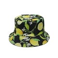 Close-up of lemon print details and parallel stitching on a black cotton bucket hat - M (56-58cm) / Black Background Lemon Print (A)
