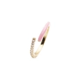 Detail view of adjustable gold ring with pink enamel inlay and row of white crystals - Adjustable Open / Pink