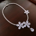 Detail view of flower necklace with sparkling zircon droplets and silver base for weddings - 28# Necklace - Silver - Flower