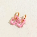 Chic gold-plated hoop earrings featuring zircon pave and pink enamel rectangle charms - Pink