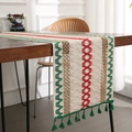 Boheemse katoenen tafelloper met groene geometrische patronen en kwastjes op hout - 30x120 / Groen