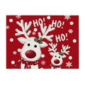 Close-up of red Christmas placemat with white reindeer and HO HO HO text detail - 32x21cm Cotton Linen / Red Background White Reindeer
