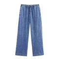 Dettaglio di joggers in denim blu con vita elastica a coulisse e trama del tessuto denim - XS / Pantaloni a Righe Blu Chiaro