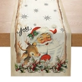 Festive Christmas table runner featuring vintage Santa, reindeer, and JOY text print - Vintage Santa Joy Text