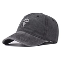 Vintage washed dark grey cotton baseball cap with white rose flower embroidery on front - Black