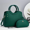 Dark green 2-piece tote bag set with lychee grain leather texture and gold hardware - Green