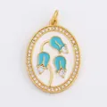 Vintage gold oval pendant with blue enamel lily of the valley flowers and zircon inlay - Gold Oval Zirconia Inlaid Turquoise Lily of the Valley