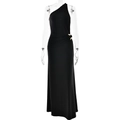Elegante abito lungo nero monospalla con arricciatura laterale e anello in metallo oro - M / Nero