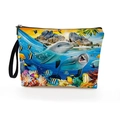 Zippered ocean animal print makeup bag featuring dolphins and tropical fish patterns - 17*25cm (Linen) with Strap / Ocean Dolphin Pattern Style (Style 1)
