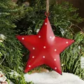 Hand-painted red metal star Christmas tree ornament with white polka dots and hemp rope - Red Star