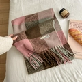 Plaid tassel scarf in pink and brown tones on a white bed with aesthetic props - Pink Purple Grid