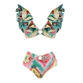 Floral print high waist bikini set with tiered ruffles and golden ring details - S / Two-Piece Bikini Only