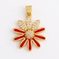 Daisy flower pendant in gold plating with red enamel petals and cubic zirconia stones - Gold Red Petal Partially Zirconia Flower