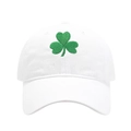 Detailed view of green shamrock embroidery on white cotton Saint Patrick's Day baseball cap - Adjustable / White
