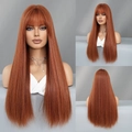Long straight reddish brown wig with bangs shown in front, side, and back views - 68CM / Ginger Orange