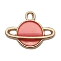 Golden planet charm with pink enamel inlay and Saturn ring detail for DIY jewelry - Star