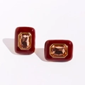 Vintage style square earrings with deep red enamel and champagne crystals in gold frames - Gold