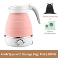 Pink silicone foldable 600ml electric kettle with storage bag and descaling agents - Knob Style - 3-piece Set (pink) / Japanese Standard Plug (in Stock) 110v