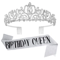 Silver birthday queen sash and rhinestone crown set for sparkling party decoration - One Size / Silver Queen Set