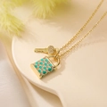 18K gold plated lock and key pendant necklace with green enamel checkers and zircons - Green Checkerboard (24207)