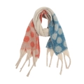 Dettaglio macro della sciarpa in maglia a grandi pois con lunghe nappe decorative - Blu Grigio